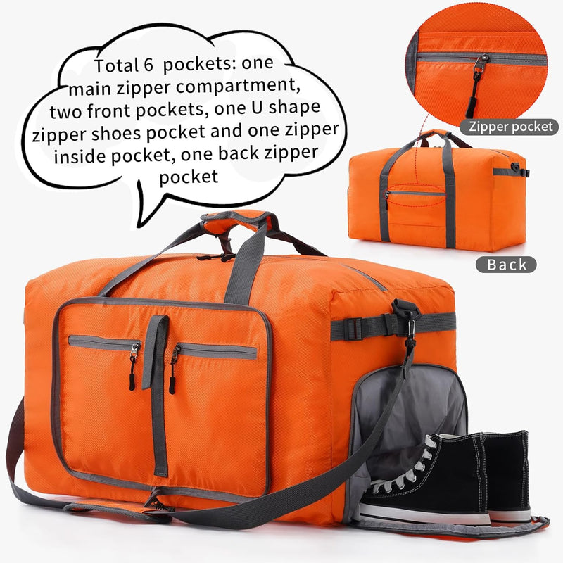 Vomgomfom Leichte Faltbare Reisetasche Gross T Raute Orange 65L+Toilettenbeutel, T Raute Orange 65L+