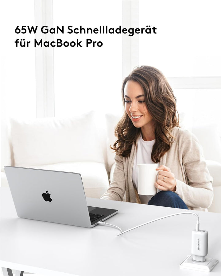 Qackenm GaN USB C Ladegerät 65W, 3-Port USB C Netzteil, PPS Schnellladegerät für MacBook Pro/Air, iP