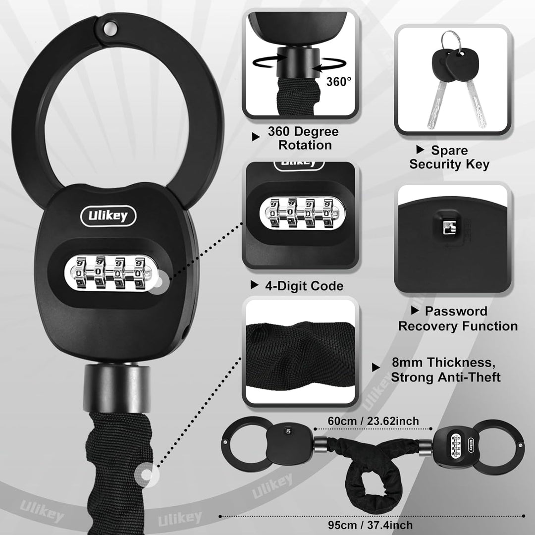 Ulikey Zahlen E Scooter Schloss, 95cm Handschellenschloss mit Zahlencode, Reset-Code-Schlüssel Fahrr