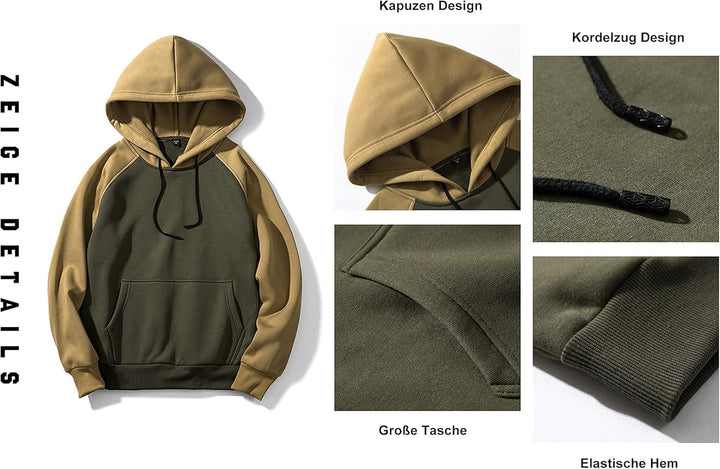MANLUODANNI Herren Raglan Hoodie, Kapuzenpullover Herren Schlichter Vintage Pullover mit Kapuze Casu