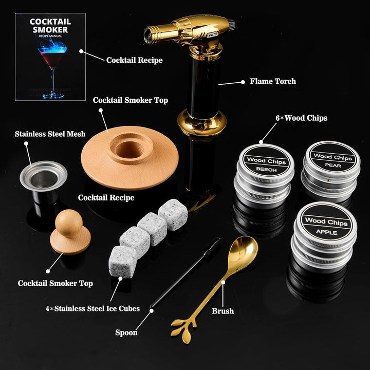 Cocktail Smoker Set – Whiskey Räucher-Set mit 6 Holzsorten & Taschenlampe – Rauchgenerator für Cockt
