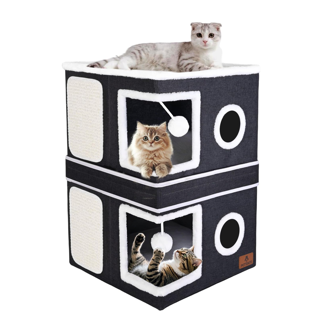 Faltbare Katzenhaus, 2-stöckige Kuschelhöhle mit Kratzbrett und Spielball, Katzenhöhle für Indoor-Ka