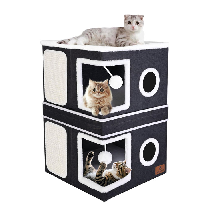 Faltbare Katzenhaus, 2-stöckige Kuschelhöhle mit Kratzbrett und Spielball, Katzenhöhle für Indoor-Ka