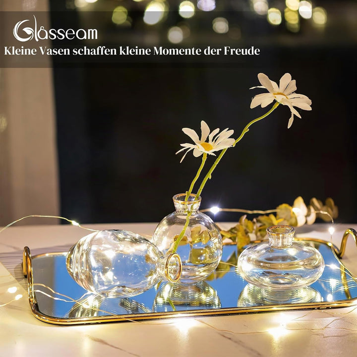 Kleine Vasen Für Tischdeko Vintage Handmade, 3 Teilig Mini Vase Glas Goldrand Blumenvase Modern Set