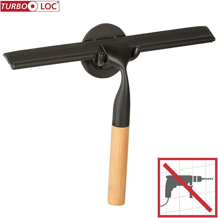 WENKO Turbo-Loc® Badezimmerwischer Bambusa aus Bambus und Edelstahl 24,3 x 17 x 3,5 cm Schwarz, 24,3