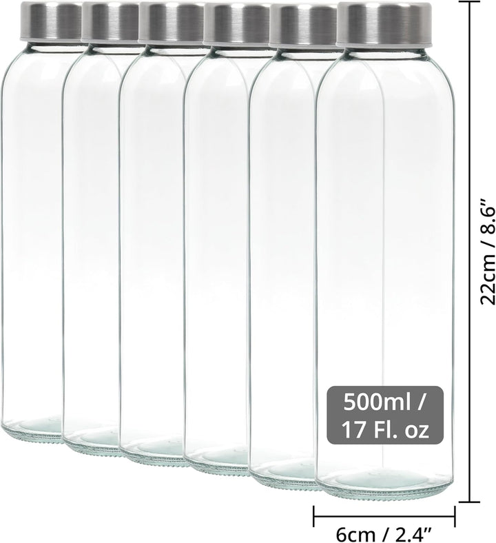 Winter Shore 500 ml Wiederverwendbare Wasserflasche Glas mit Edelstahlkappe [6er-Pack] - Durchsichti