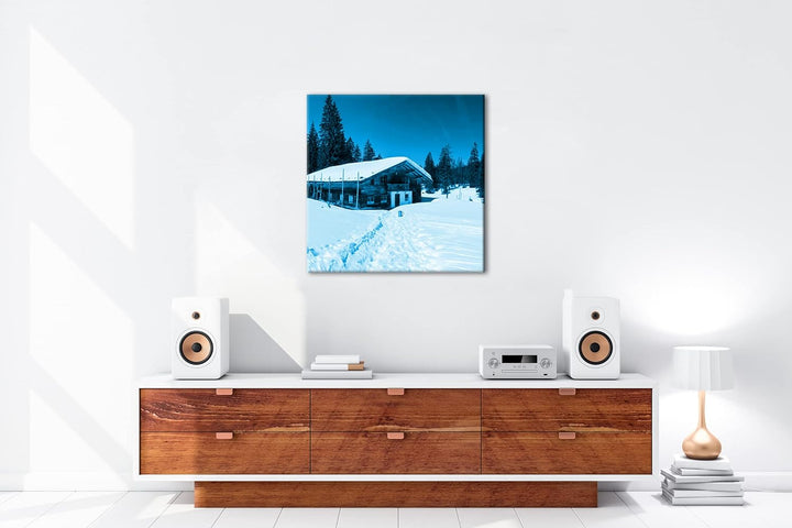 deyoli Skihütte im Winter Format: 70x70 Effekt: Monocrome Blau als Leinwandbild, Motiv fertig gerahm