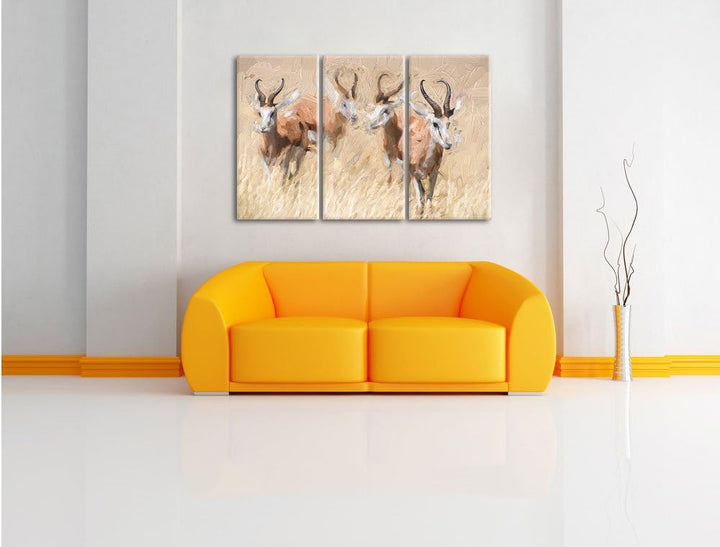 Pixxprint Tiere in Savanne als Leinwandbild/Grösse: 3 Teilig (120x80) cm/Wandbild/Kunstdruck/fertig
