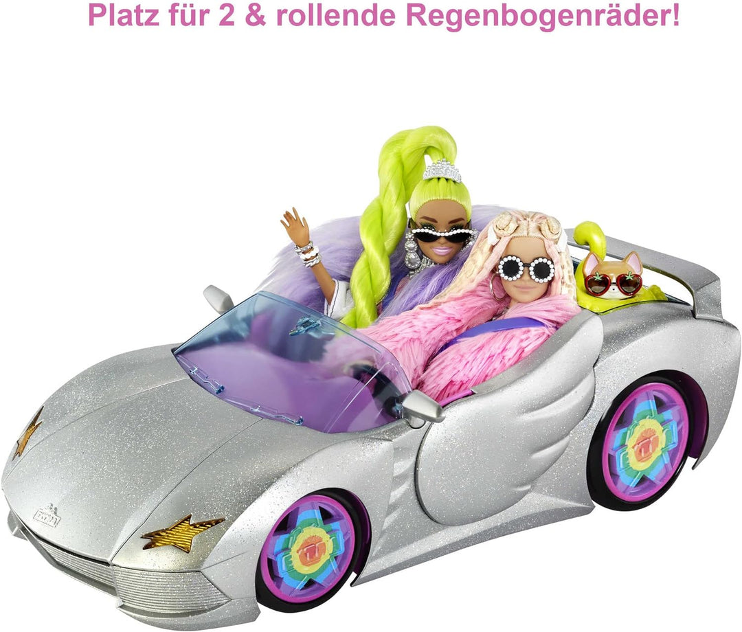 Barbie HDJ47 - Extra Auto Cabrio (glitzert) mit regenbogen Reifen, silbernes Cabrio, rosa Innenausst