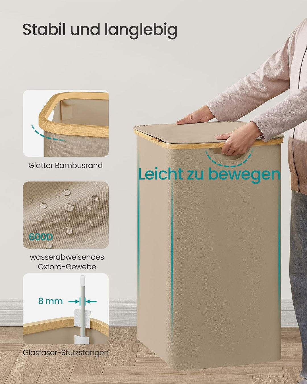 SONGMICS Wäschekorb mit Deckel, Wäschesammler mit 3 Fächern, 150 L, herausnehmbarer Wäschesack, Oxfo