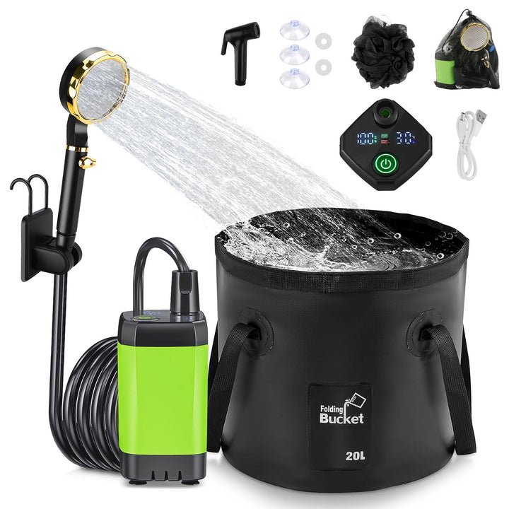 Anesty Tragbare Campingdusche Set, 6000mAh Wiederaufladbar Camping Duschen Pumpe mit Smart-Display,