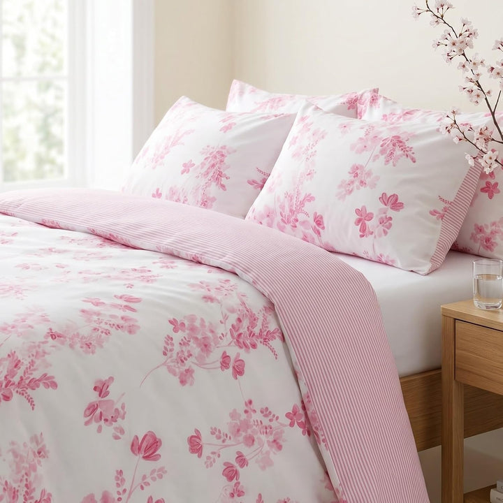 LERUUM Bettwäsche-Set 135x200 Baumwolle Reversibel Blumen Streifen Rosa Bettbezug (Rosa 135 x 200 +