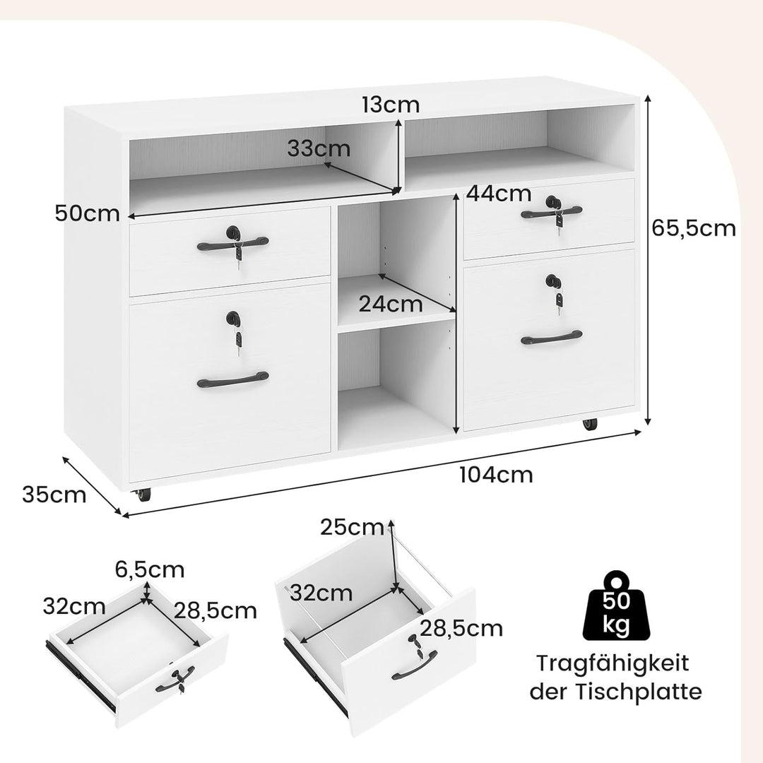 COSTWAY Rollcontainer mit 4 Schubladen, mobiler Aktenschrank abschliessbar mit verstellbarem Regal &