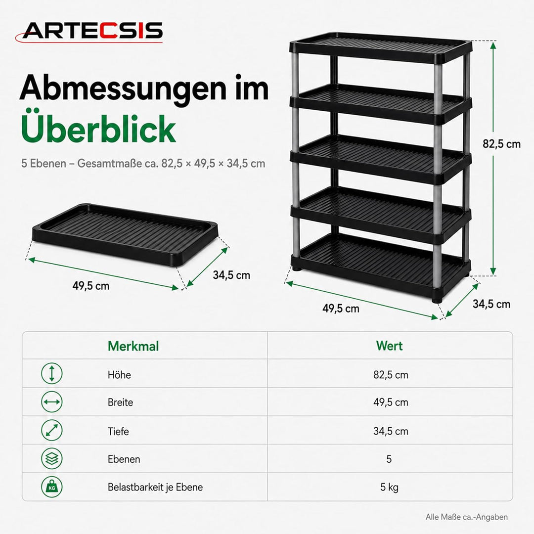 ARTECSIS Schuhregal schmal 5 Ebenen Schwarz I Schuhablage aus Kunststoff 49,5x34,5x82,5cm, 5 Ebenen