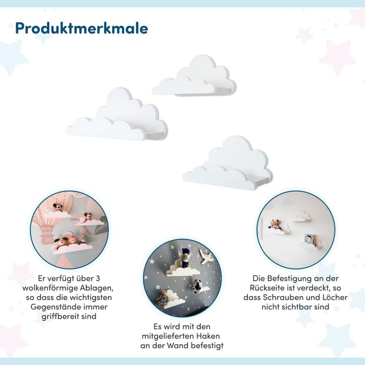 3er Set Wandregal Kinderzimmer Weiss | Babyzimmer Wolkenregal für Bücher, Spielzeug, Dekoration | Re