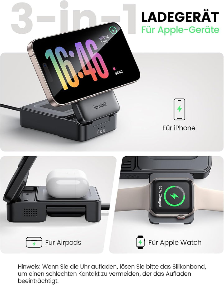 Lamicall 3 IN 1 Ladestation für MagSafe Ladegerät - [Faltbar &amp; Tragbar] Kabellose induktive Ladestat