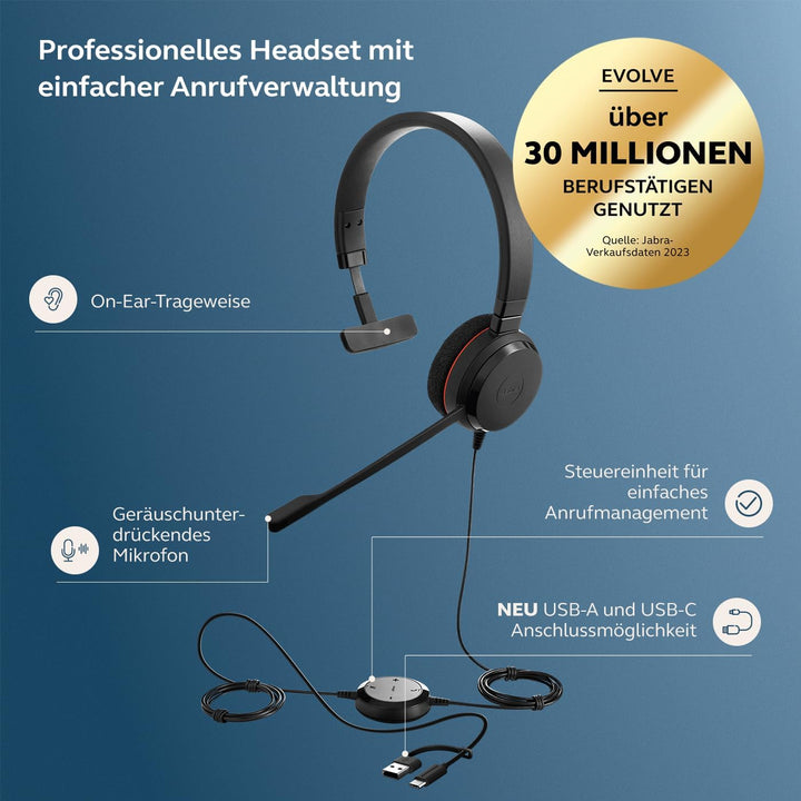 Jabra Evolve 20 Mono Headset - Unified Communication Zertifizierte Kopfhörer für VoIP Softphone mit