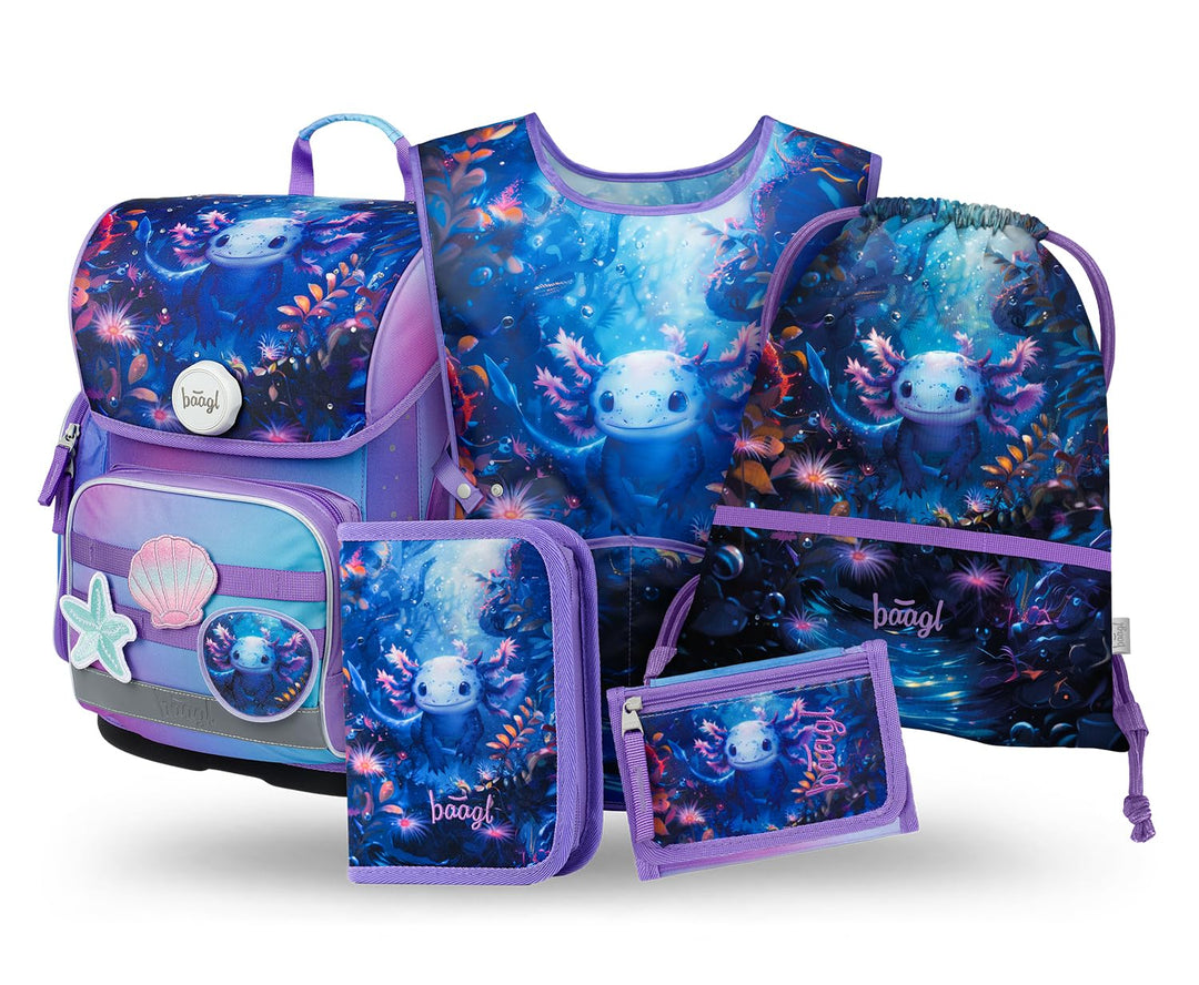 Baagl Schulranzen Mädchen Set 5 Teilig (Ergo Schultasche für 1. Klasse, Mäppchen, Turnbeutel, Schürz