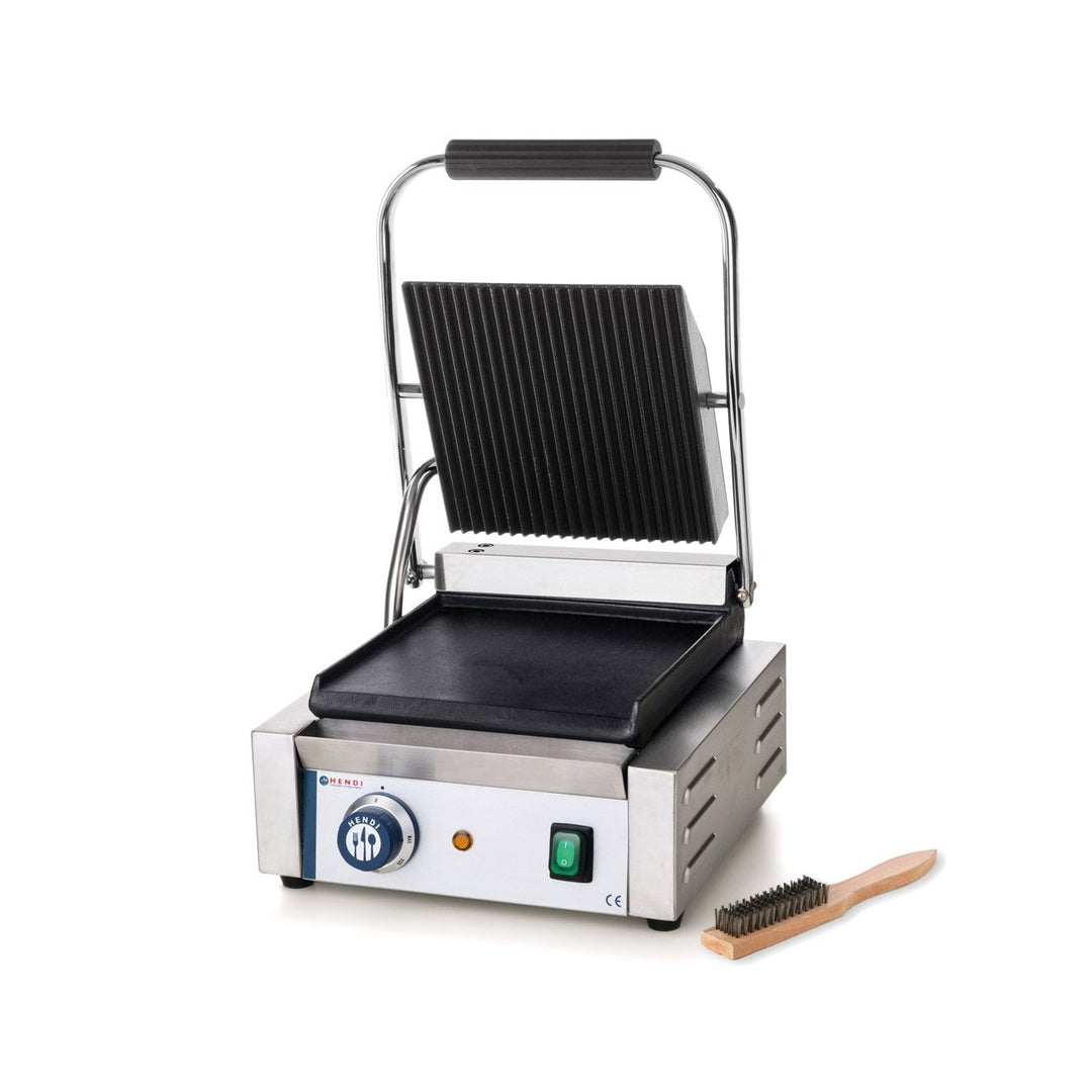 HENDI Kontaktgrill, einzeln, oben gerillt und unten glatt, inkl. Grillreinigungsbürste, Temperatur b