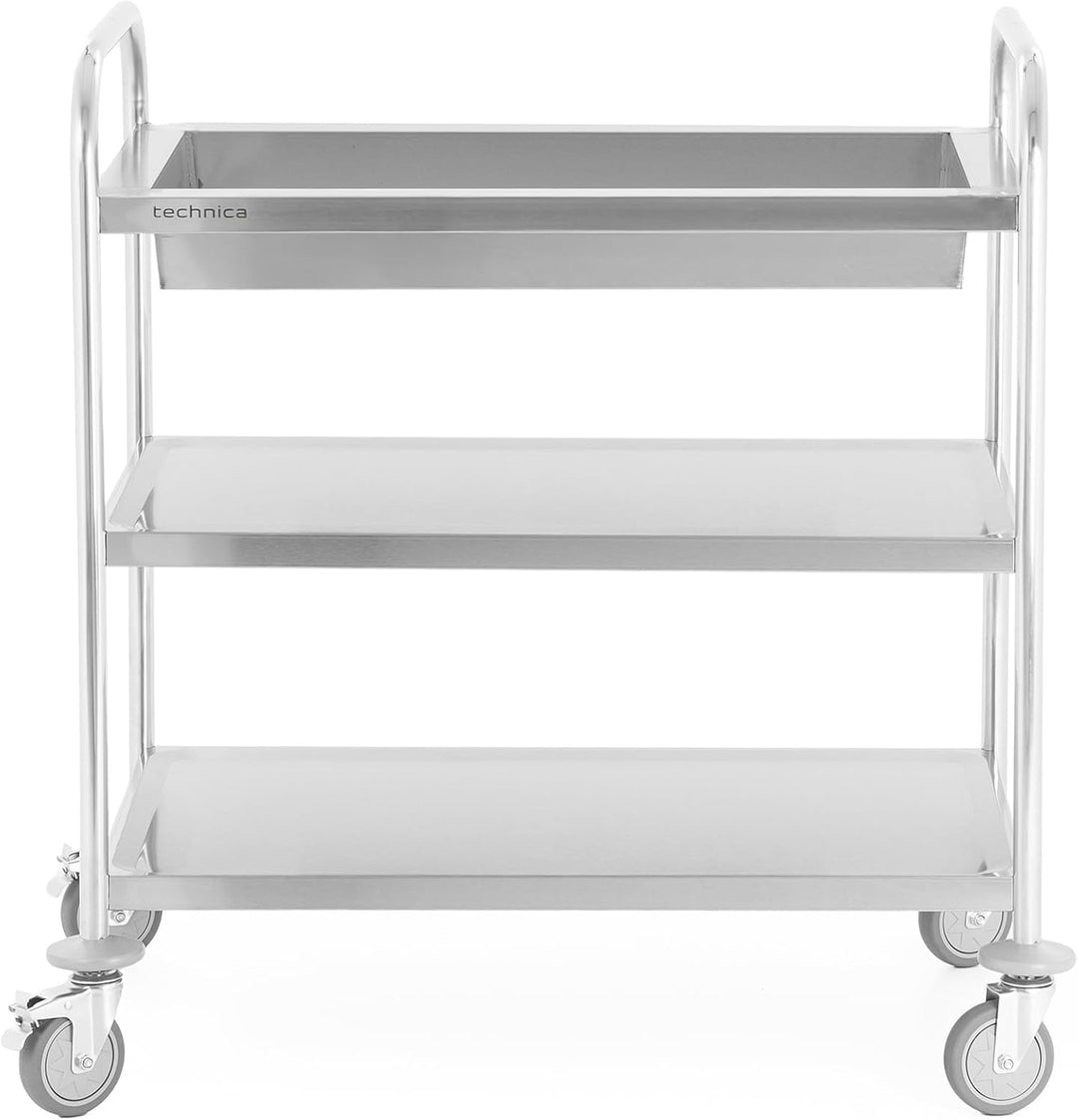 TECHNICA Servierwagen Edelstahl 3 Etagen mit Rollen & Bremse Rundgriff - Tiefe Regale 860x540x940mm