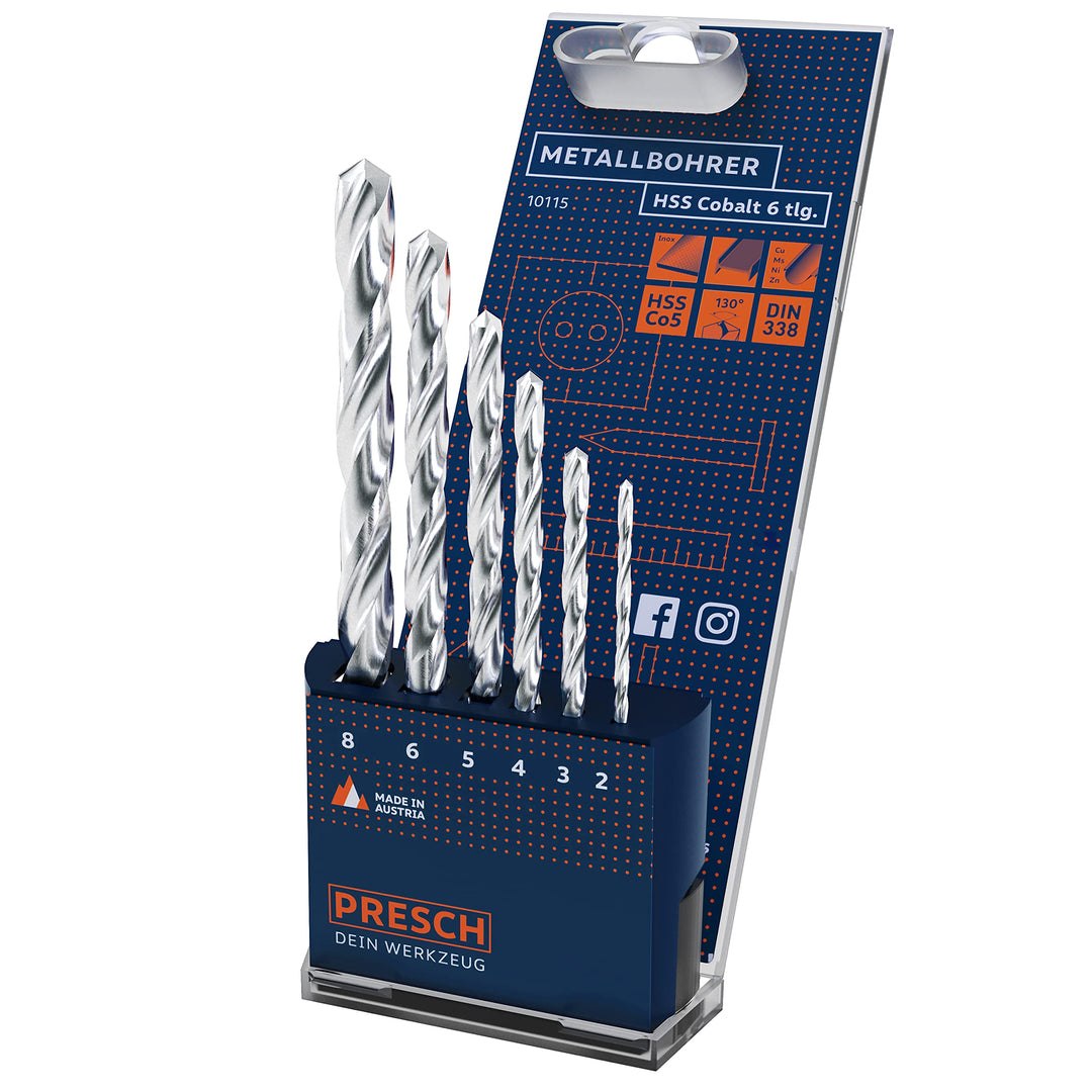 Presch Metallbohrer Set HSS Cobalt 6-tlg - Edelstahl Bohrersatz - Hochwertiges HSS Cobalt Bohrer Set