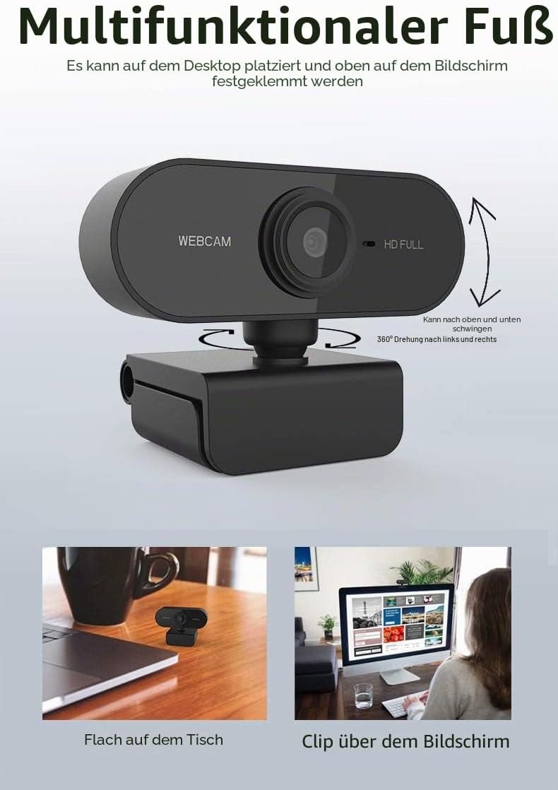 Webcam mit Mikrofon und Stativ, 1080P Webcam für PC Laptop Desktop, USB Computer Kamera für Videoanr