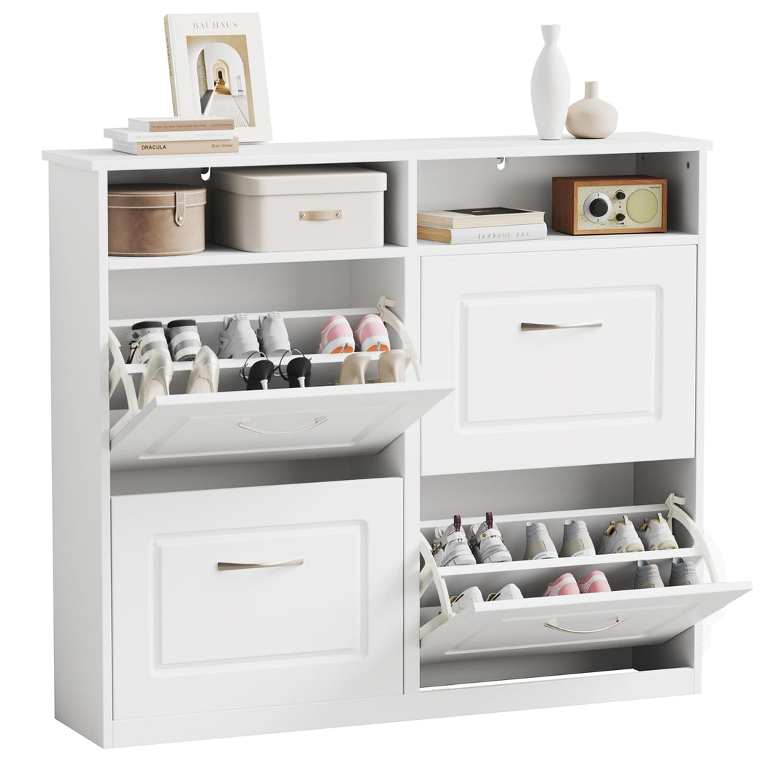 Sweetcrispy Schuhschrank mit 4 Klappen, schmaler Schuhkipper mit offenen Ablagefächern, verstellbare