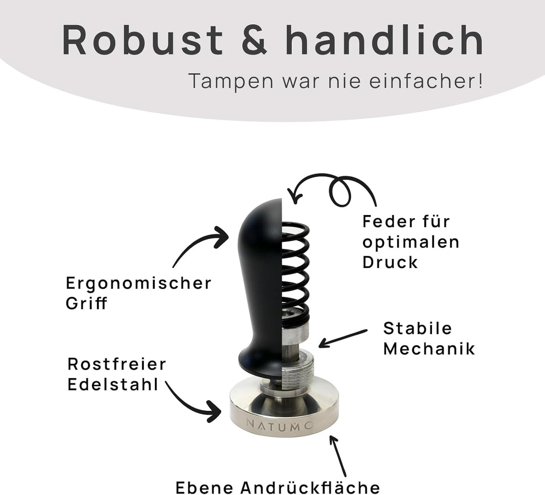NATUMO Espresso Tamper 53mm, druckregulierend (15kg / 35lbs), Siebträger Zubehör, Kaffe Tamper Set m