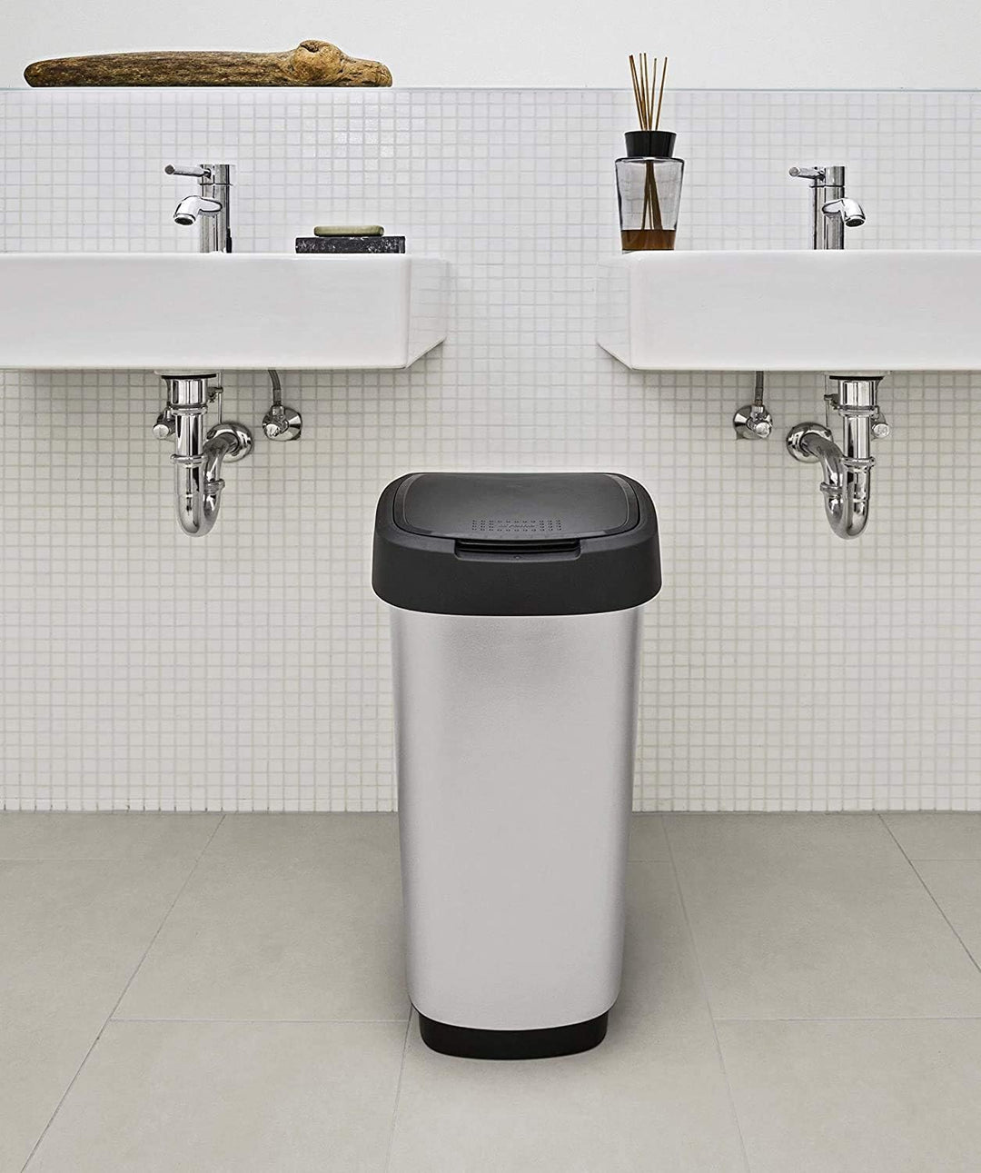 Rotho Twist Mülleimer 25l mit Deckel, Kunststoff, silber, Silber