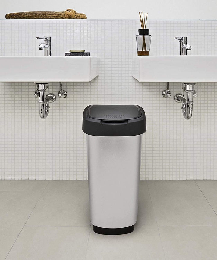 Rotho Twist Mülleimer 25l mit Deckel, Kunststoff, silber, Silber