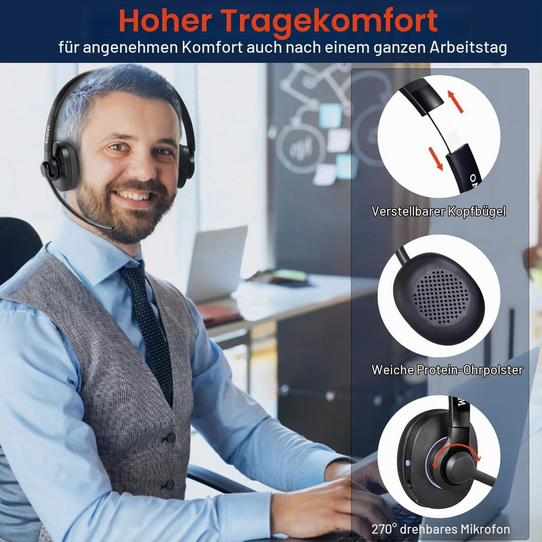 Bluetooth Headset V5.1 Klasse 1, Wireless Headset mit CVC8.0 Dual Mikrofon Noise Cancelling Headset