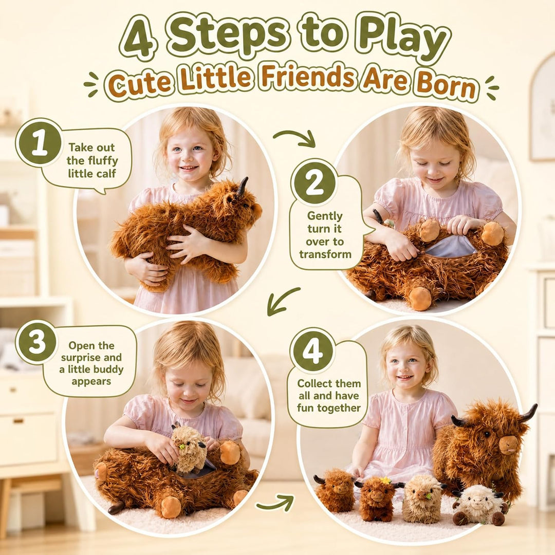 OUOZZZ 5 Stück Hochlandrind Kuscheltier Set, Weich Hochlandrind Plüschtier mit 4 Baby Hochlandrind S