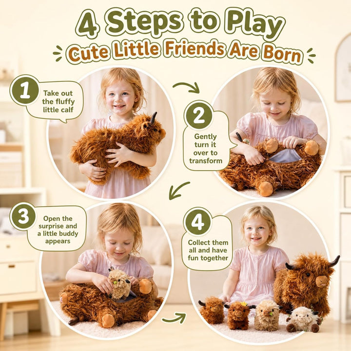 OUOZZZ 5 Stück Hochlandrind Kuscheltier Set, Weich Hochlandrind Plüschtier mit 4 Baby Hochlandrind S