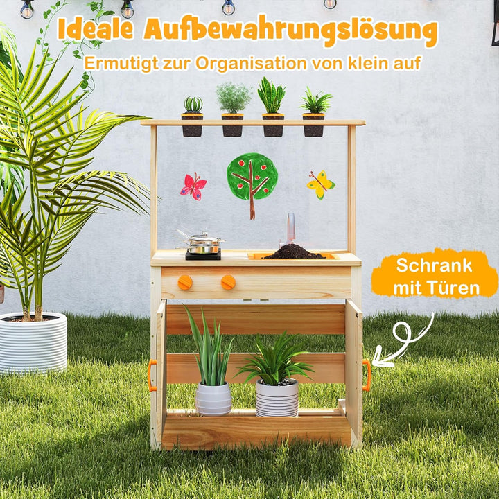 COSTWAY Matschküche Kinder Outdoor, Kinderküche Holz mit Pflanzentöpfen & Kochzubehör, Spielküche mi