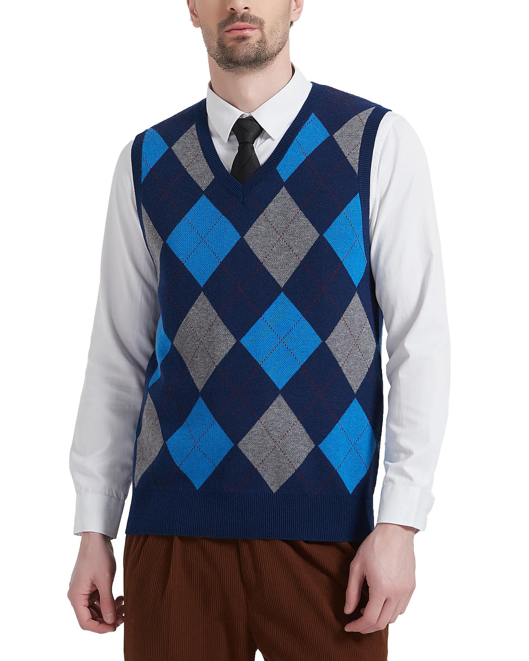 Kallspin Herren Argyle Gestrickt Ärmellos Pullover Wollmischung V-Ausschnitt Strickwesten M Marinebl