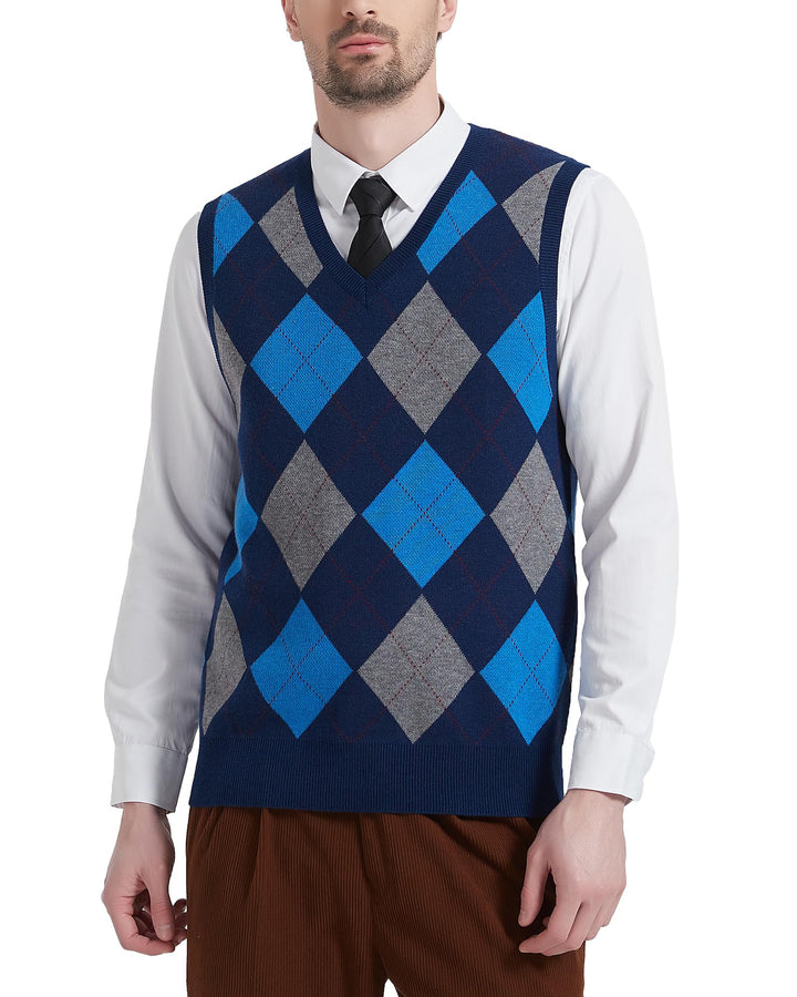 Kallspin Herren Argyle Gestrickt Ärmellos Pullover Wollmischung V-Ausschnitt Strickwesten XXL Marine