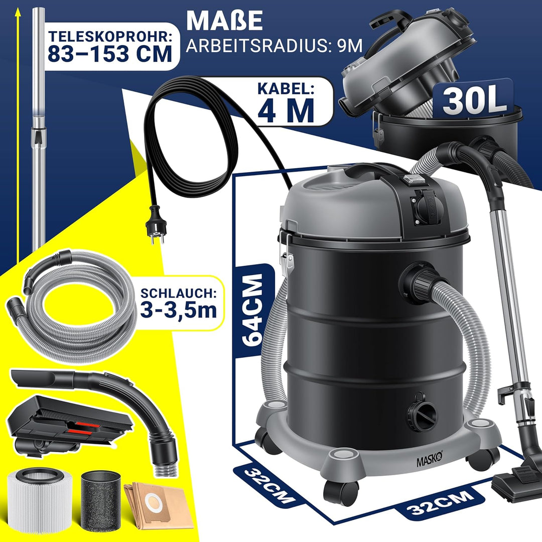 Masko® Industriestaubsauger Staubsauger Nass Trocken Sauger Edelstahl 2300W + Steckdose | Blasfunkti