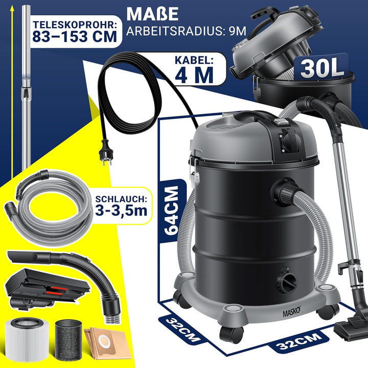 Masko® Industriestaubsauger Staubsauger Nass Trocken Sauger Edelstahl 2300W + Steckdose | Blasfunkti