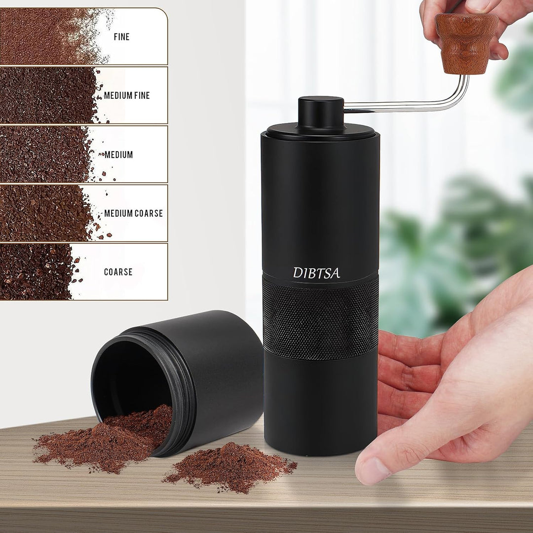 DIBTSA Manuelle Kaffeemühle, Kapazität 25 g, konischem CNC-Edelstahl-Frässtift, interne verstellbare