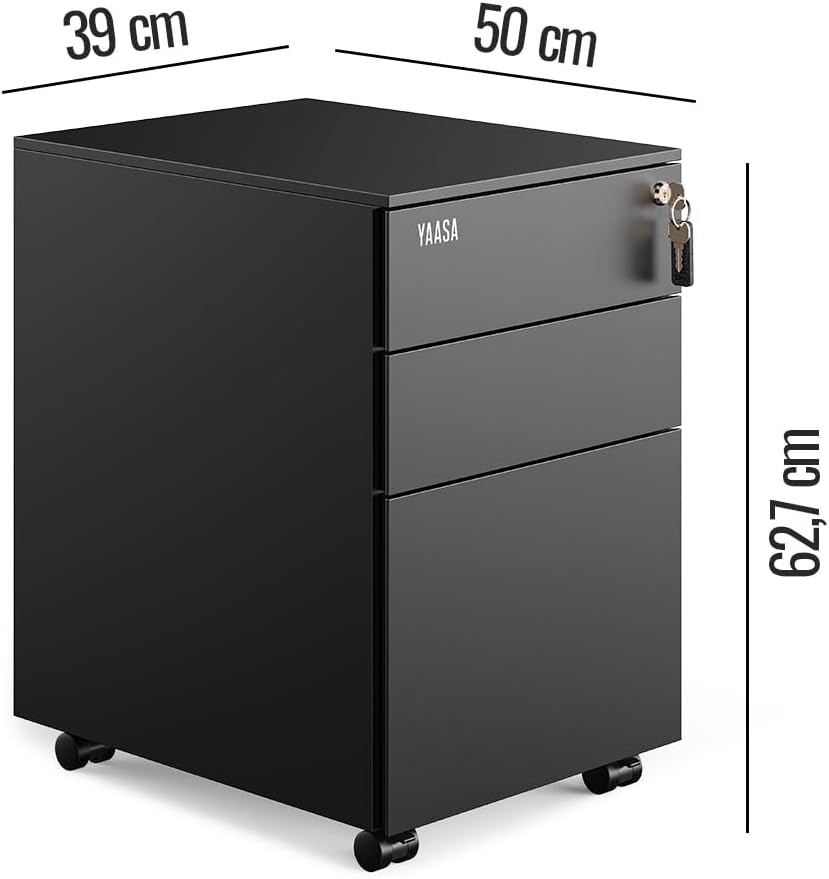 Yaasa File Cabinet Edged Standard Schwarz - Rollcontainer aus Stahl, Aktenschrank mit 3 verschliessb