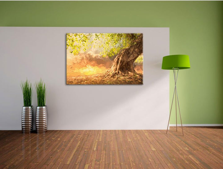 Pixxprint Verwurzelter starker Baum im Sonnenuntergang Kunst Pinsel Effekt, Format: 100x70 auf Leinw