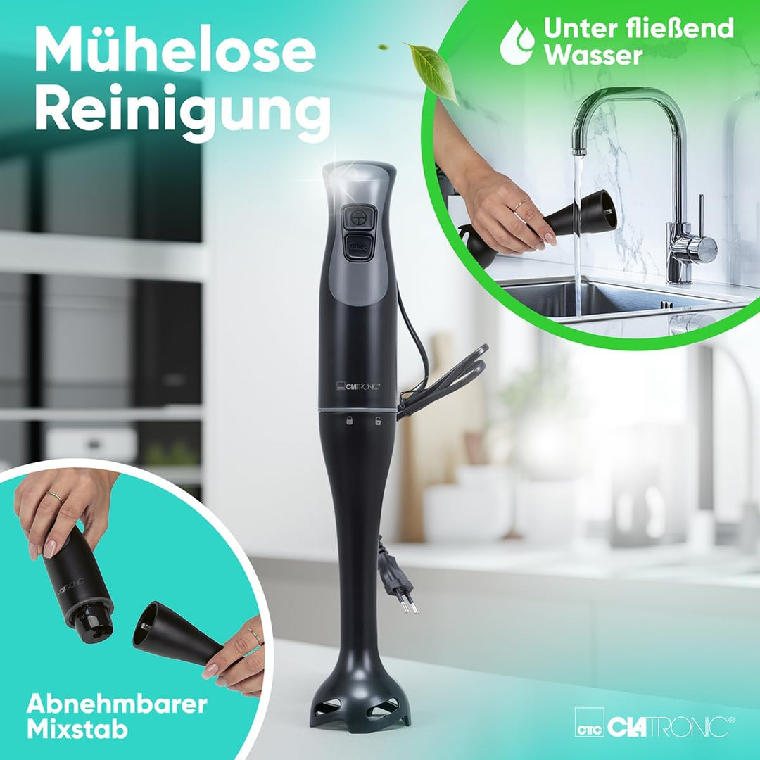 Clatronic® Stabmixer für Smoothies Shakes Suppen | Turbo-Funktion | 350W Pürierstab | Edelstahlmesse