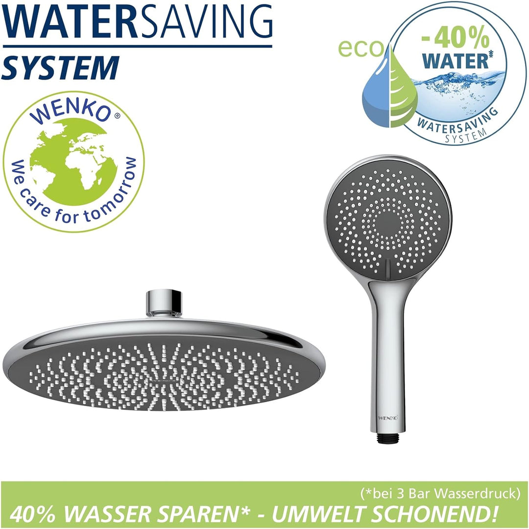 WENKO Duschsystem Watersaving, Duschstange aus Edelstahl mit wassersparendem Regenduschkopf und Hand