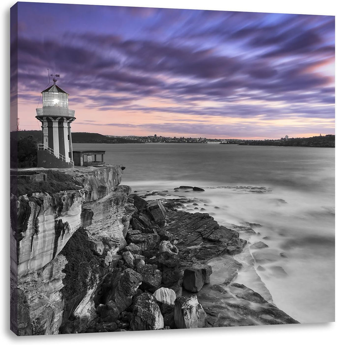 Pixxprint Leuchtturm an Klippe schwarz/weiss, Format: 70x70 auf Leinwand, 70x70