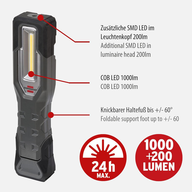 Brennenstuhl LED Akku Handleuchte HL 1000 A IP54 / LED Arbeitsleuchte für aussen mit COB LED (1000+2