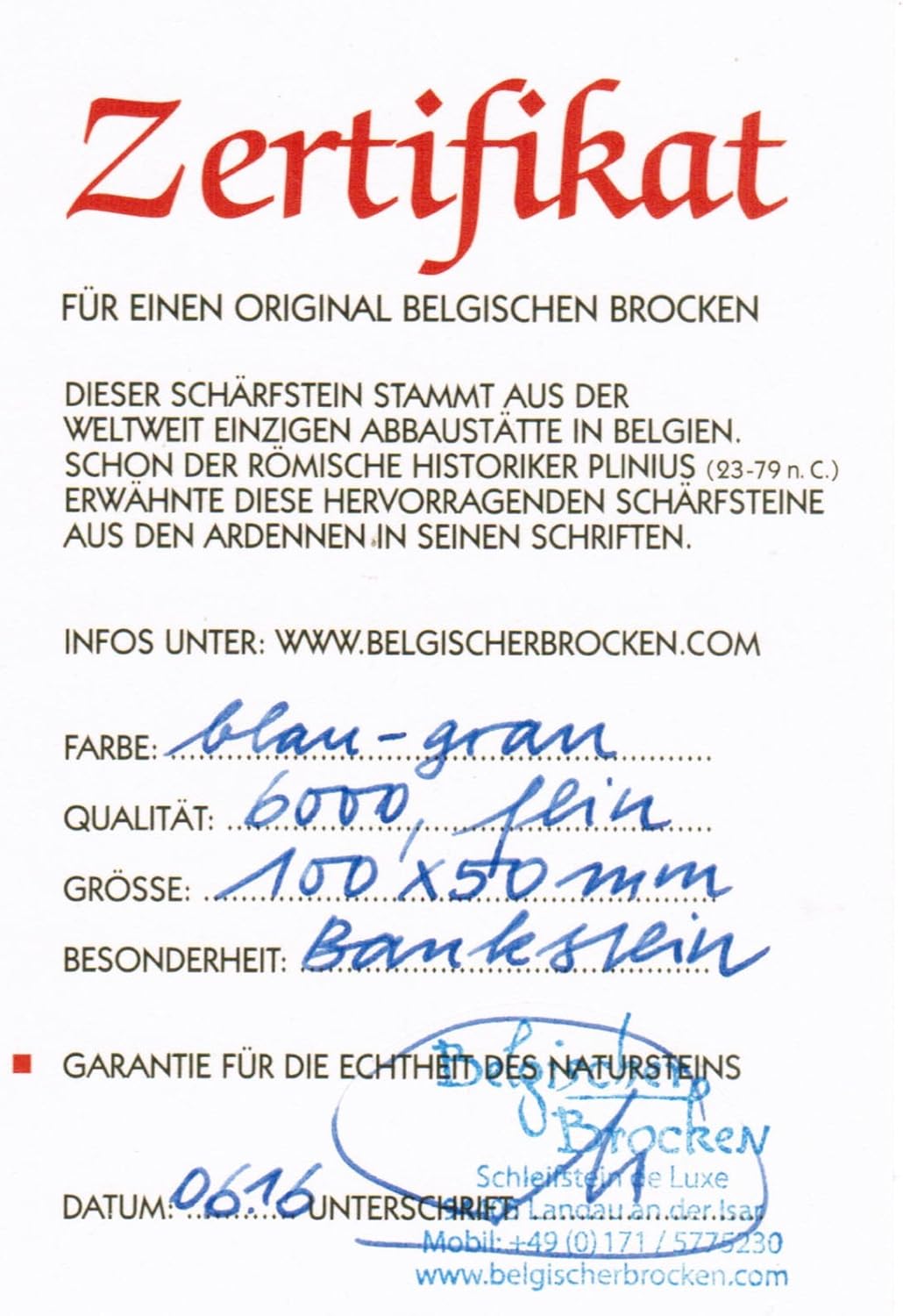 Schleifstein Blauer Belgischer Brocken, Abmessungen 100x50x15 mm Messer Schärfer