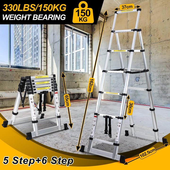 Fiqops 1.7M+2.0M Teleskopleiter 5 + 6 Stufen Klappleiter A-Rahmen Max Belastung 150 KG/330 Pfund, Al