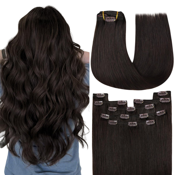 YoungSee Echthaar Extensions Clip Braun Clip in Extensions Echthaar Dunkelbraun 45 cm Clip in Extens