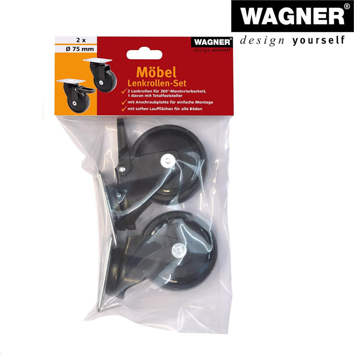 WAGNER Design - 3C - Lenkrollen / Apparaterollen / Möbelrollen 2tlg. Set - schwarz, 1 Rolle ohne u.
