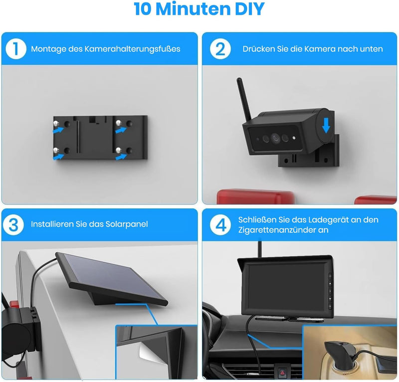 AUTO-VOX Solar Echt Kabellos Rückfahrkamera Set mit IR Nachtsicht, 1080P Funk Digital Rückfahrkamera